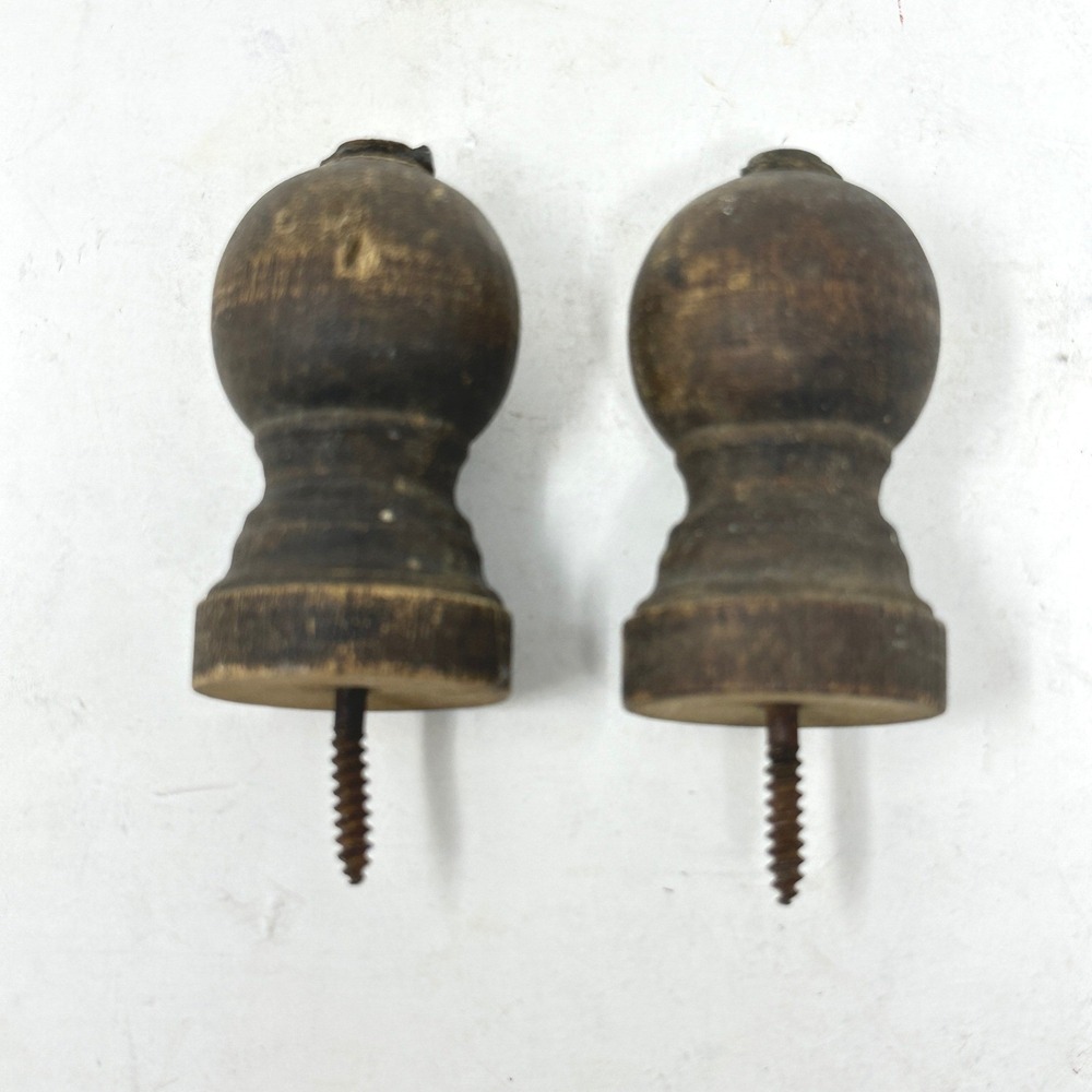 Antique Turned Wood Furniture Finials Set of 2 Dark Brown Victorian Salvage 3in